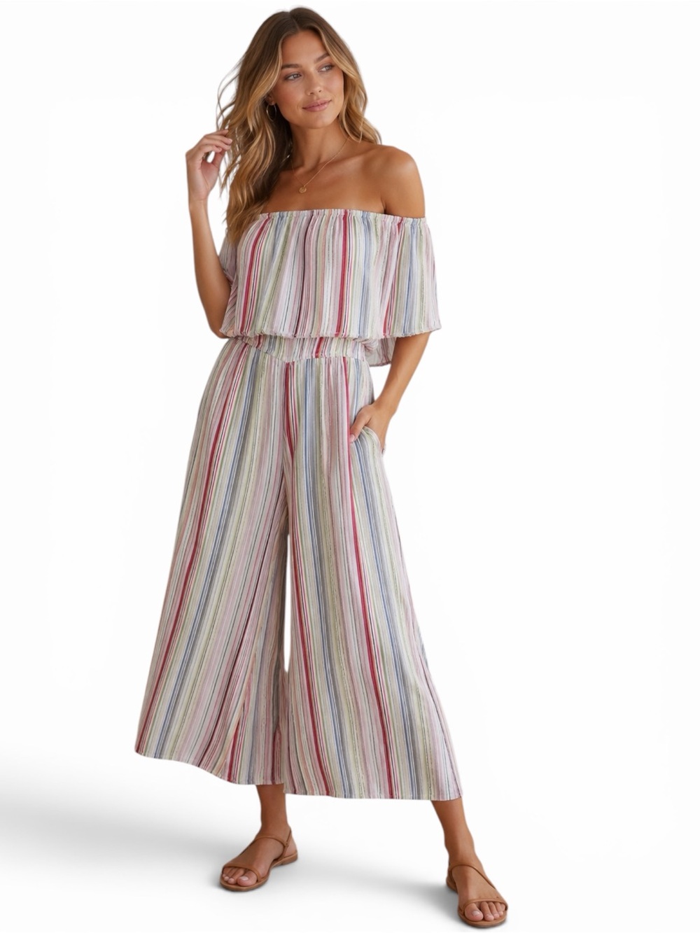 Elan Stripe Off Shoulder Wide Leg Jumpsuit Size S Resort Vacation